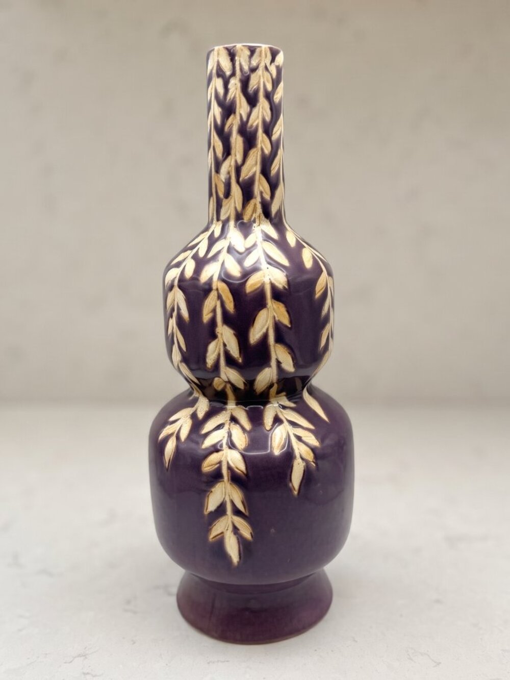 Vintage Purple Double Gourd Ceramic Vase Gold Leaf Vine Art Pottery 14"